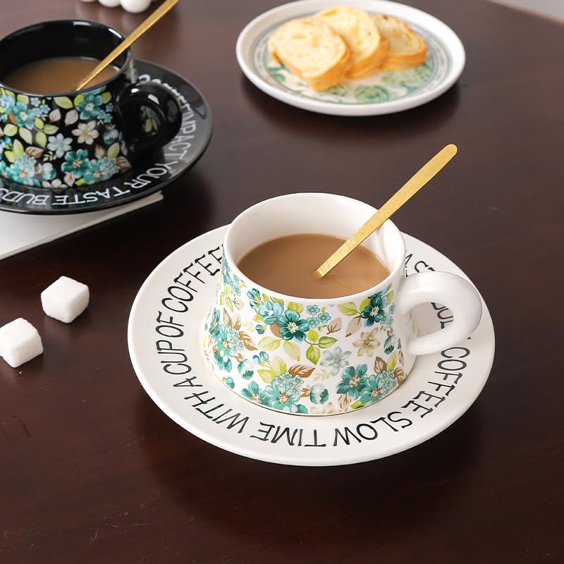 10 oz Elegant Ceramic Coffee Cup and Saucer Set with Gift Box Packaging, Floral China Tea Cup and Saucer Set,Retro Afternoon Tea Cup Set with White Coffee Mug,Valentine's Day Gift for her (White)