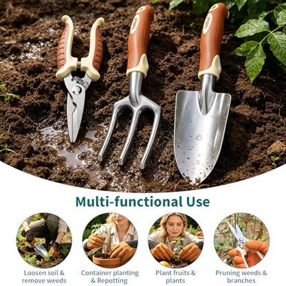Brown Garden Tool Set 4-Piece, Trowel, Fork, Pruning Shear&Gloves | Aluminum Gardening Hand Tools, Non-Slip Ergonomic Handles, for Digging Weeding, Gift for Women Men Gardener Plant Lovers - color: brown-4pcs