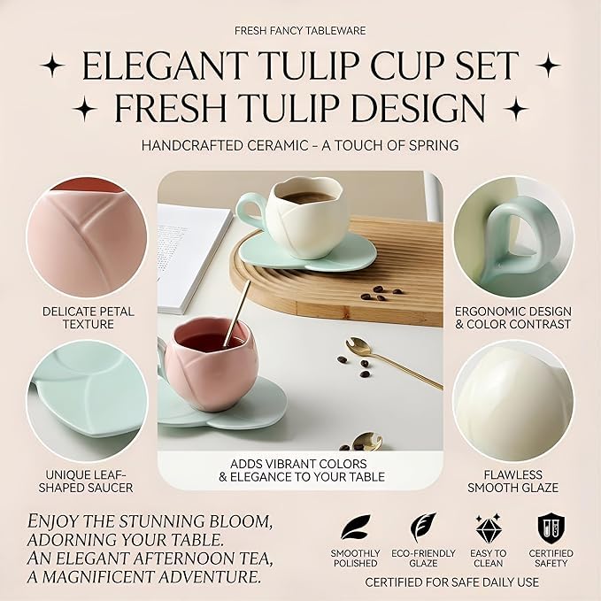 Ceramic Tulip Coffee Mug With Saucer Set, Comfortable Handle Tulip Flower Cup, Smooth Surface Heat-resistant Tea Cup For Office And Home (Yellow A) - color: Yellow A