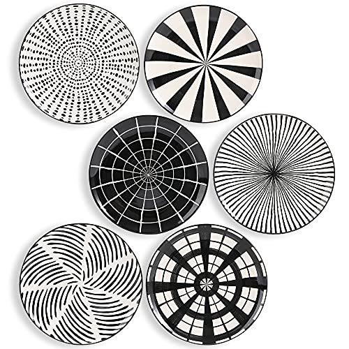 Ceramic Dessert Plates 8 Inch - Salad Appetizer Plate Set of 6 - Modern Japanese Style - Dishwasher and Microwave Safe - Black and White - size: 8 inch
