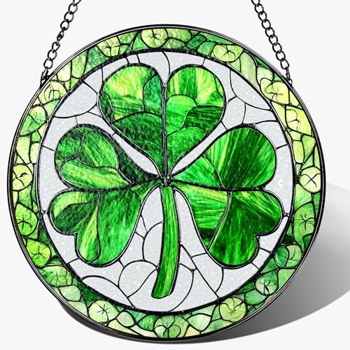 Stained Glass Window Hanging, 8 Inch Shamrock Stained Glass Suncatcher, Sun Catcher Decor, Window Hanging Decor, St. Patrick's Day Decoration, Shamrock Gifts, Irish Gift, Gifts for Women Men - color: Shamrock