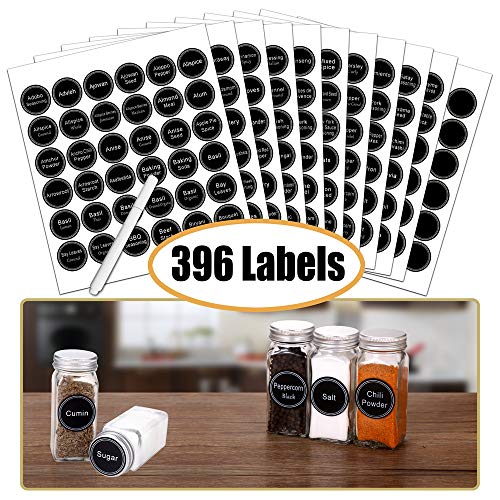 SWOMMOLY Spice Rack Organizer with 32 Glass Spice Jars and 396 Spice Labels | Chalk Marker, Funnel - Spice Organizer for Cabinet, Countertop, Pantry, Cupboard & Wall Mount, 14.8" W × 12.6" H, Black