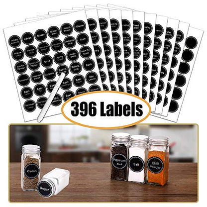 SWOMMOLY Spice Rack Organizer with 32 Glass Spice Jars and 396 Spice Labels | Chalk Marker, Funnel - Spice Organizer for Cabinet, Countertop, Pantry, Cupboard & Wall Mount, 14.8" W × 12.6" H, Black