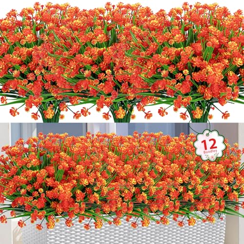 12 Bundles Artificial Flowers for Outdoors Decorations, Orange | Fake plastic plants, faux greenery stems, UV resistant, for autumn Thanksgiving indoor outdoor garden patio table home decor - color: Orange, size: 12 Packs