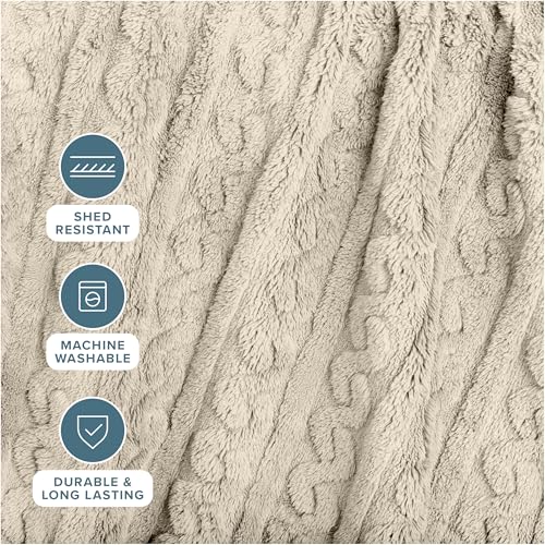 Bare Home Faux Shearling Blanket (Full/Queen, Cable Oyster) | Blanket for Bed, Sofa, Couch, Camping, Travel, and Gifts, Warm & Lightweight, Fluffy & Soft - color: 14 - Cable Oyster, size: Full/Queen