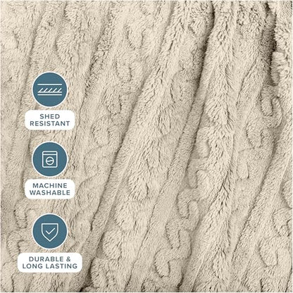 Bare Home Faux Shearling Blanket (Full/Queen, Cable Oyster) | Blanket for Bed, Sofa, Couch, Camping, Travel, and Gifts, Warm & Lightweight, Fluffy & Soft - color: 14 - Cable Oyster, size: Full/Queen