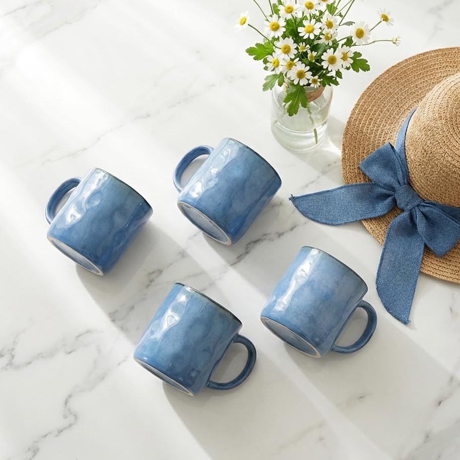 Bosmarlin Ceramic Coffee Mug Set of 4, 14 Oz, Coffee Cups with Big Handle, Microwave Safe, Unique Reactive Glaze (Blue, 14 Oz) - color: Blue