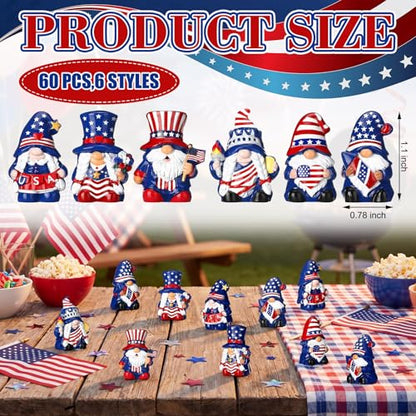 Yaomiao 60 Pcs Mini Resin 4th of July Gnomes Figurines Bulk Small Resin Patriotic Gnome Miniature Gnomes USA America Independence Day Decoration for Table Landscape Tiered Tray Decor - style: Independence Day