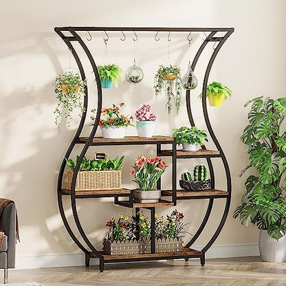 Tribesigns 6-Tier Plant Stand, 70.9 Inch Tall Plant Shelf with 10 Hanging Hooks, Vase Shape Ladder Plant Stand, Multi-Purpose Plant Display Rack for Indoor, Balcony, Living Room, Brown and Black