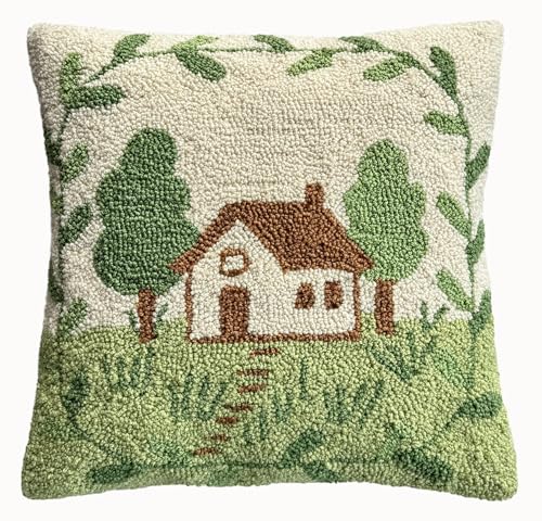 Cottage Tree Scene Hand-Hooked Throw Pillow Cover 16x16 | Farmhouse textured pillowcase, cottagecore tree landscape,hidden zipper,velveteen back,decorative cover for couch bed sofa - color: Farmhouse
