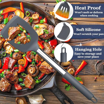 TeamFar Kitchen Utensils Set of 8, Silicone Utensils Kitchen Tools | Stainless Steel Handle, for Nonstick Cookware Frying Flipping Draining, Healthy & Anti-heat, Nonstick & Dishwasher Safe -Gray - color: Light Grey