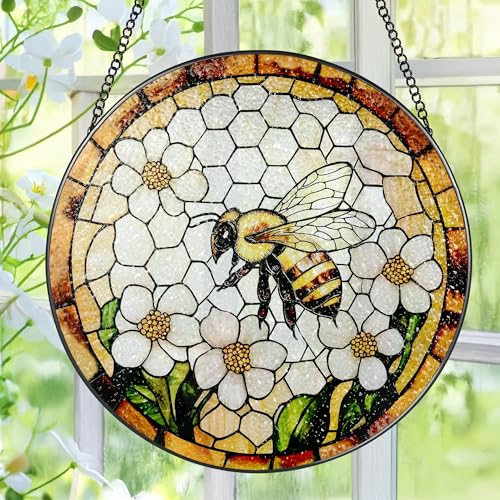 Bee Wildflowers Stained Glass Suncatcher, Stained Glass Window Hanging, 8 Inch Honey Bee Suncatcher, Honeybee Gifts for Garden Lovers, Gifts for Mother's Day, Teacher Gift, Grandma Gift - color: Bee