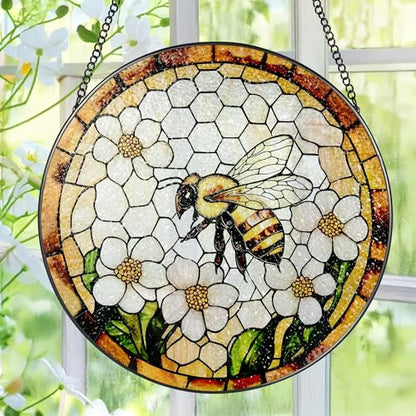 Bee Wildflowers Stained Glass Suncatcher, Stained Glass Window Hanging, 8 Inch Honey Bee Suncatcher, Honeybee Gifts for Garden Lovers, Gifts for Mother's Day, Teacher Gift, Grandma Gift - color: Bee