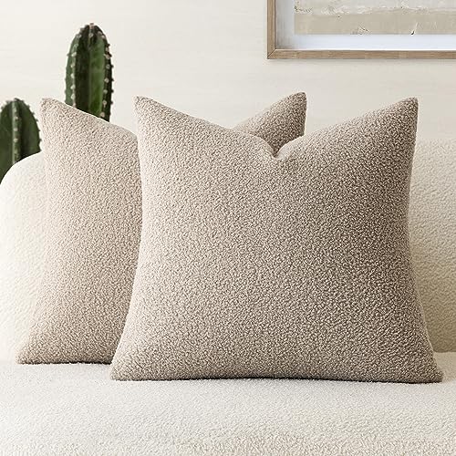 Foindtower Pack of 2, Curly Faux Fur Decorative Throw Pillow Covers Soft Fuzzy Plush Cushion Case with Zipper Cozy Pillowcase for Home Living Room Couch Bed Sofa 16 x 16 Inch, Beige - color: Oatmeal, size: 16" x 16" (Pack of 2)
