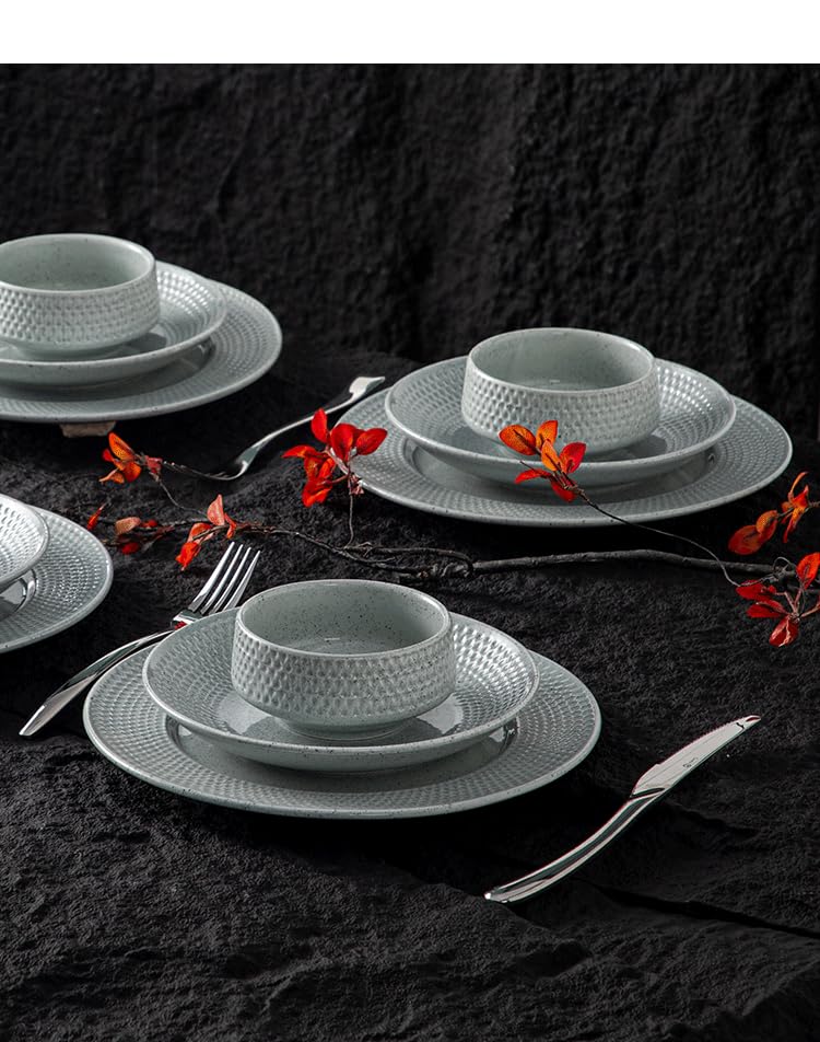 4-piece set, ceramic, embossed B design plate and bowl set, microwave and dishwasher tableware set, shatterproof and scratch resistant dinner set, irregular edge design, white - color: style - 12