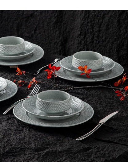 4-piece set, ceramic, embossed B design plate and bowl set, microwave and dishwasher tableware set, shatterproof and scratch resistant dinner set, irregular edge design, white - color: style - 12