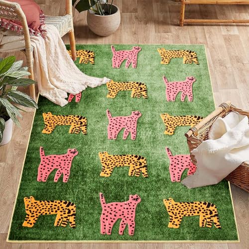 Leopard Washable Rugs, Green Cute Cheetah Tropical Animals Boho Vintage Distressed Hippie 3x5 Area Rugs for Dining Living Room Bedroom Kitchen Nursery, Oriental Aesthetic Tribal Indoor Entryway Carpet - color: Green, size: 3' x 5'