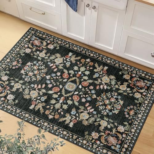 Small Rug Washable 2x3 Area Rugs Non Slip Ultra-Thin Floral | Throw Carpet for Bathroom Entryway Entry Entrance Bedroom Bedside Kitchen Floor Indoor Low Pile Boho Vintage Black - color: Black, size: 2' x 3' (Rectangular)