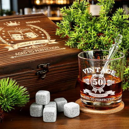 50th Birthday Gifts for Men Whiskey Glass Set, Vintage 1976 Wood Gift Box | Whiskey Stones Coaster, Glass Pipette & Tongs, Aged to Perfection 50 Year Old Bday Gifts Ideas for Him Dad Husband Friends - style: 50th Mens Gifts