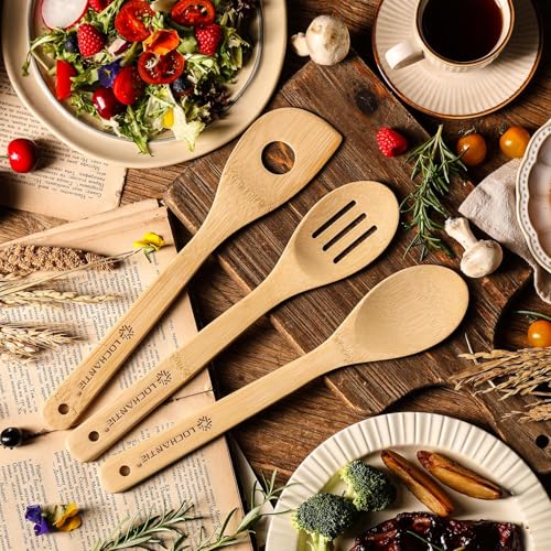 Wooden Spoons for Cooking Bamboo Utensils Set (6 Pieces) - Essential Tools Wooden Spoons & Spatula for Everyday Stirring, Mixing, Flipping & Serving, Gentle on Nonstick Cookware