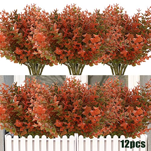 RECUTMS Artificial Fall Mums Flowers No Fade Faux Autumn Plant Outdoor 12Pc | Fall Decorations,Faux Flowers for Outdoor Planters Fake Greenery for Thanksgiving Wedding Party Home Garden Fireplace Décor - color: Fall Eucalyptus, size: 12 Pcs