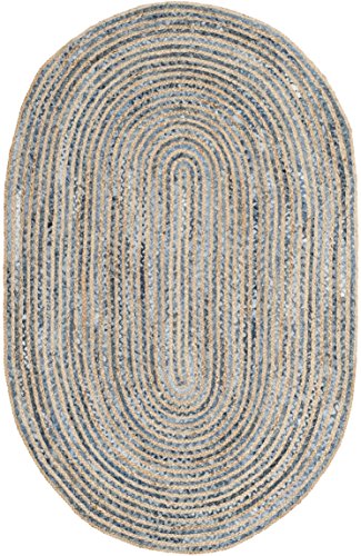 SAFAVIEH Cape Cod Collection Area Rug - 5' x 8' Oval, Natural & Blue, Handmade Flat Weave Jute, Ideal for High Traffic Areas in Living Room, Bedroom (CAP250A) - size: 5' x 8' (Oval)