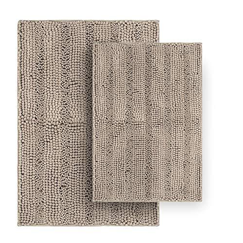 Striped Chenille Bathroom Rugs and Mats Sets, Ultra Soft Chenille Microfiber, Absorbent Non-Slip Machine Washable Bath Rugs, Bath Mat for Bathroom, Shower Mat, Tub, 20"x32" & 18"x24", Beige - color: Almond Beige, size: Set of 2 - 20" x 32" + 18" x 24"