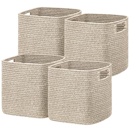 UBBCARE Set of 4 Storage Basket-13 X 13 X 13 in, Cotton Rope Baskets for Shelves, Toys, Book, Cube Storage Bins with Handles, Woven Storage Basket for Organizing, Mix-Brown - color: Mix-brown, size: 4Pack-13 X 13 X 13 Inch