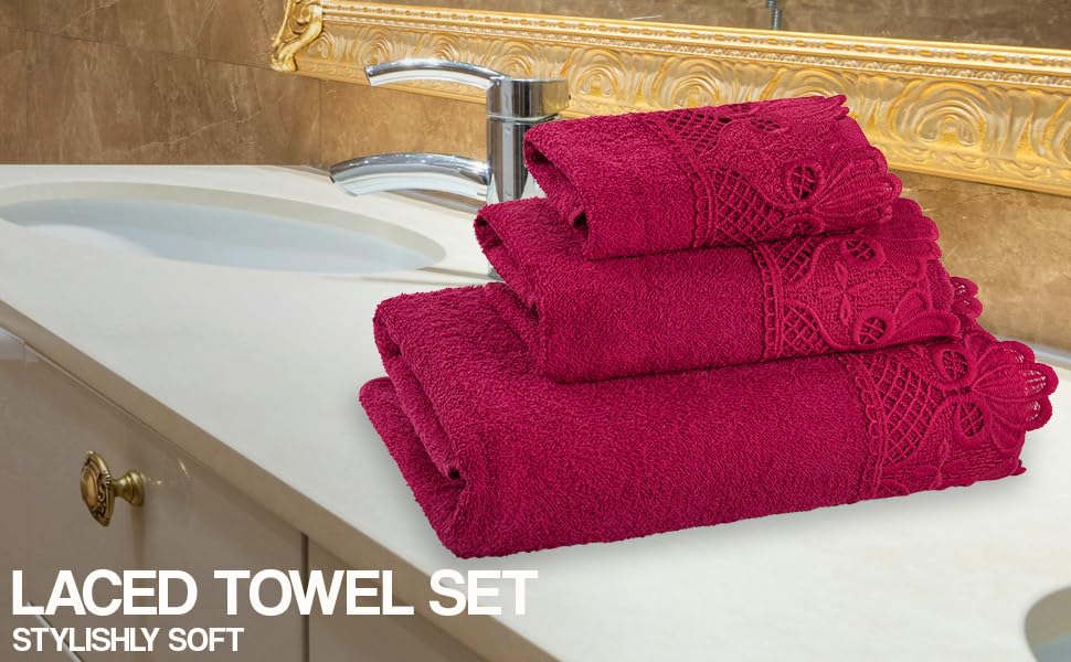 Zahari Home 3 Piece Laced Towel Set - Stylish Soft Plush Cotton Towels with Hand Towel & Washcloth - Highly Absorbent Towels for Bathroom, Gym, Hotel & Spa (Macramee Burgundy) - color: Macramee-burgundy