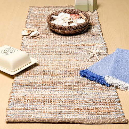 Natural Jute Table Runner, 13x36 Inch, Sky Blue-White | Vintage Boho Rustic Table Decor, Handwoven, Farmhouse Dining or Console Accent - color: Natural Jute-sky Blue-white, size: 13x36 Inch.