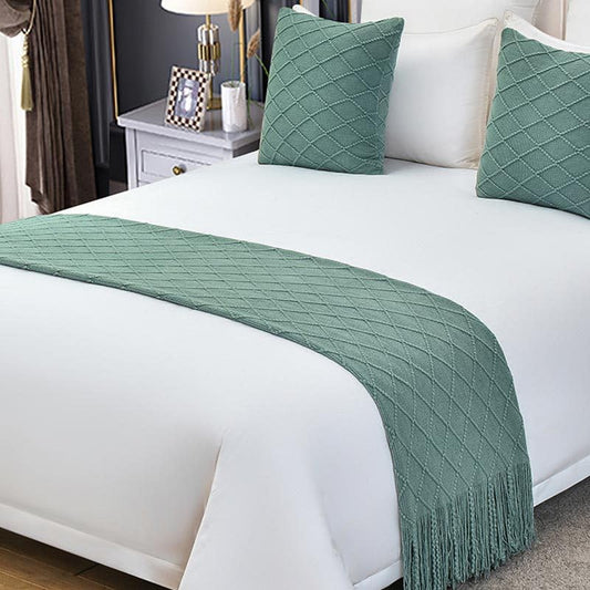 Cotton Knit Bed Runners King Size,Decorative Boho Bed Scarf with Tassel,Soft Solid Color Woven Beds Throw Blanket for Bedroom Home Hotel (Dreamy Green Diamond Shape 45x45cm/only Pillowcase) - color: Dreamy Green Diamond Shape, size: 45x45cm/only pillowcas