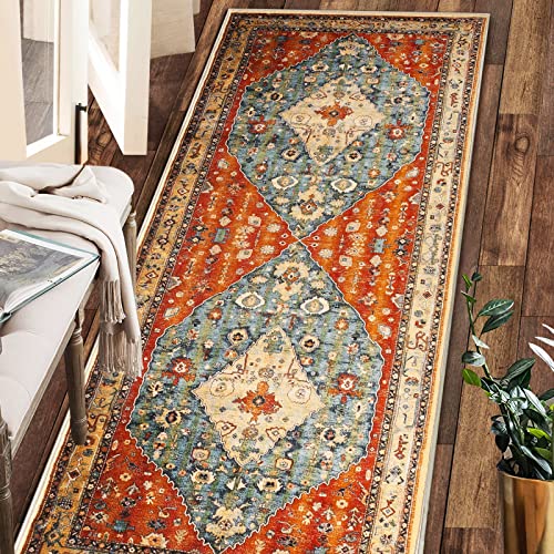 COMSLE Washable Runner Rug, 2' x 6' Area Rugs for Hallway Faux Wool, Red | Small Kitchen Rug, Distressed Boho Throw Rug, Non-Slip Laundry Room Rug Carpet Runner for Entryway Indoor Bedroom - color: Red/Green-3, size: 2' x 6' (Runner)