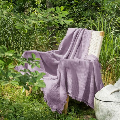 MooMee 100% Cotton Muslin Blanket, Fringed 4-Layer Gauze Bed Couch Throw | Soft Breathable Lightweight Thin Coverlet Summer Blankets for Adults, Bed & Couch All Seasons, Light Purple, 66" x 90" - color: Light Purple, size: Twin XL