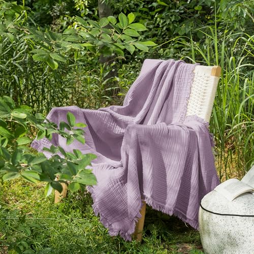 MooMee 100% Cotton Muslin Blanket, Fringed 4-Layer Gauze Bed Throw Blankets | Soft Breathable Lightweight Thin Coverlet Summer Blankets for Adults, Bed & Couch All Seasons, Light Purple, 98" x 98" - color: Light Purple, size: Oversize Queen