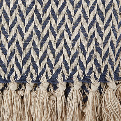 DII Modern Zig Zag Throw Blanket Woven Cotton, Hand-Knotted 2.5" Fringe, 50x60, Nautical Blue - color: Nautical Blue, size: 50x60"