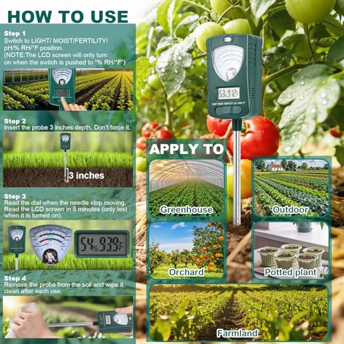 7-in-1 Soil Tester for Soil Moisture pH Fertility Light Intensity, Soil Temp, Air Temp & Humidity, with Pointer and LCD Display.for Garden, Farm, Lawn, Indoor/Outdoor Plant Monitoring.