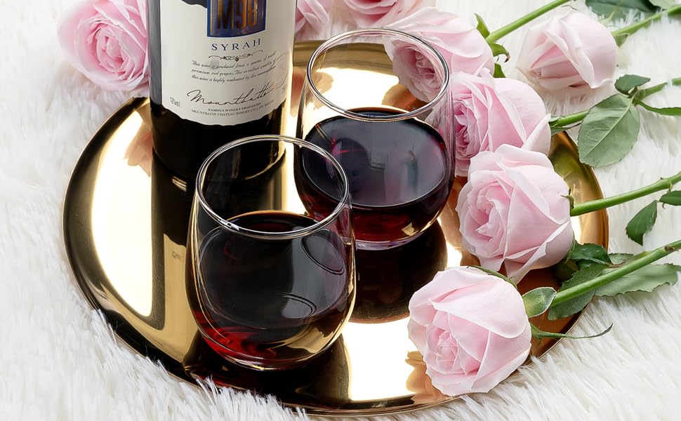 Stemless Wine Glasses, Red Wine Glasses Set of 2, Glasses 12 oz, Smooth Rim Wine Glass Set, Cute Wine Glasses Perfect for Wedding, Anniversary or Christmas Holiday Gifts