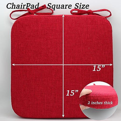 Dining Room Chair Cushions with Ties - Thick Memory Foam Indoor Seat pad,Dining Room Cushion with Machine Washable Cover [15 X 15 X 2 Inches] -(Red,4)