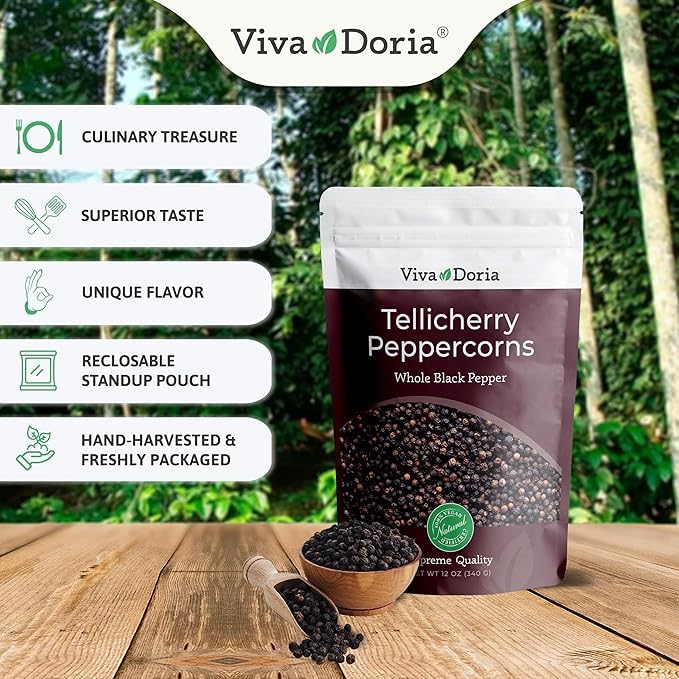 Viva Doria Tellicherry Black Peppercorn, Whole Black Pepper, Black Peppercorns, 12 Oz and Mediterranean Sea Salt, Coarse Grain, 2 lb, For Grinder Refills (2 Set)