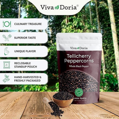 Viva Doria Tellicherry Black Peppercorn, Whole Black Pepper, Black Peppercorns, 12 Oz and Mediterranean Sea Salt, Coarse Grain, 2 lb, For Grinder Refills (2 Set)