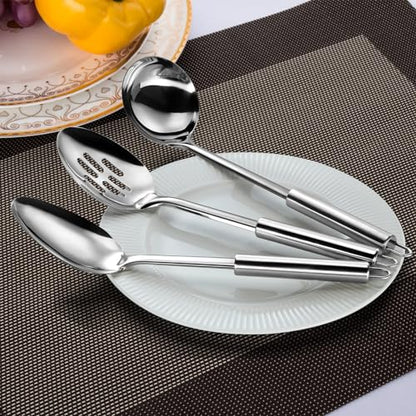 Pleafind Serving Utensils Set for Parties,3-Piece Silver Stainless Steel utensils set,Includes 1 Serving Spoon, 1 Slotted Spoon and 1 Soup Ladle,Serving Spoons for Buffet - color: 3P-Silver