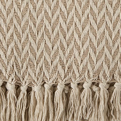 DII Modern Zig Zag Throw Blanket Woven Cotton, Hand-Knotted 2.5" Fringe, 50x60, Stone - color: Stone, size: 50x60"