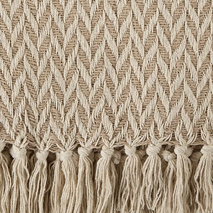 DII Modern Zig Zag Throw Blanket Woven Cotton, Hand-Knotted 2.5" Fringe, 50x60, Stone - color: Stone, size: 50x60"