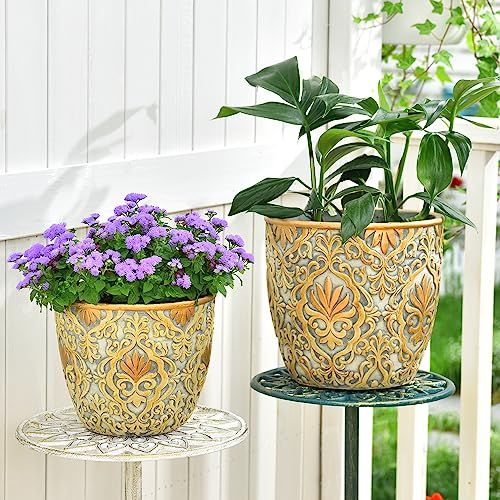 Sungmor Set of 2, 8 & 10 Inch Heavy Duty Embossed Cement Plant Pots | Sturdy Concrete Garden Planters with Drainage Holes, Decorative Flower Pots for Indoor Outdoor Home & Patio Decor