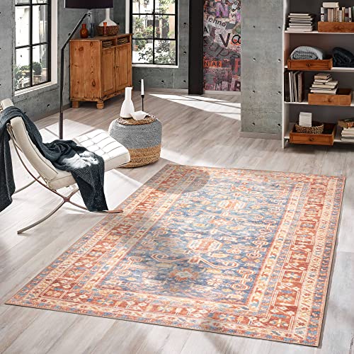 GLN Rugs Bohemian - Jerusalem - Machine Washable Area Rug, Boho Washable, Non Slip, Low Pile Chenille Area Rug, Entryway, Hallway, Kitchen Rug - Easy Clean (4' x 6' Terra/Slate Blue) - color: Terra/Slate Blue, size: 4' x 6' (Rectangular)