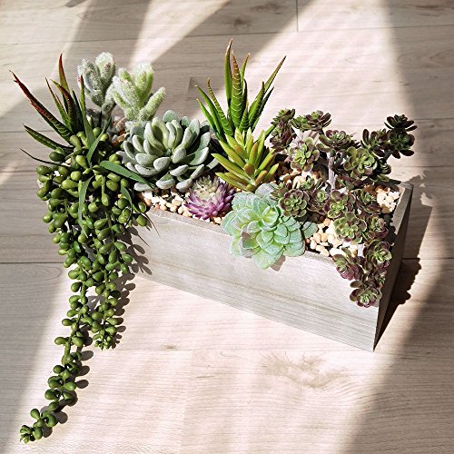 Supla Artificial Potted Succulents Plants Arrangement Fake Succulent Plants in Rectangular Wooden Pot Arrangement for Table Centerpiece Windowsill Greenery Decor