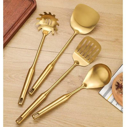 Premium 7-Piece Gold Kitchen Utensil Set with Stand, Stainless Steel Cooking Tools- Dishwasher Safe Ladle, Spoon, Spatula, Pasta Fork, Luxury Brass Kitchen Accessories for Home Chefs (Gold) - color: Gold