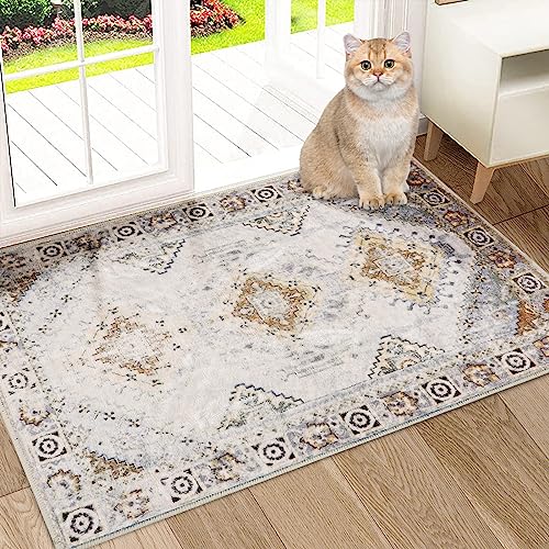 COMSLE Boho Washable Area Rug 2x3 Faux Wool Throw Rug for Entryway(Khaki) | Small Rugs, Non-Slip Distressed Carpet, Soft Accent Floor Rug for Indoor Entrance, Bedroom, Living Room, Kitchen - color: Khaki, size: 2' x 3' (Rectangular)