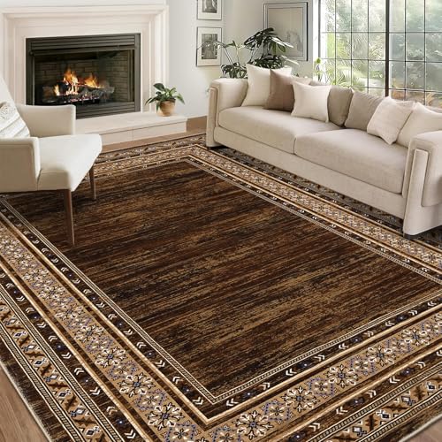 Modern Solid 8x10 Area Rugs for Living Room Washable Non Slip Neutral Rugs, Stain Resistant Bordered Soft Carpet, Neutral Foldable Floor Rugs for Bedroom, Dining Room, Nursery, Red Brown | Non Slip Low Pile Stain Resistant Neutral Bordered Soft Foldable R