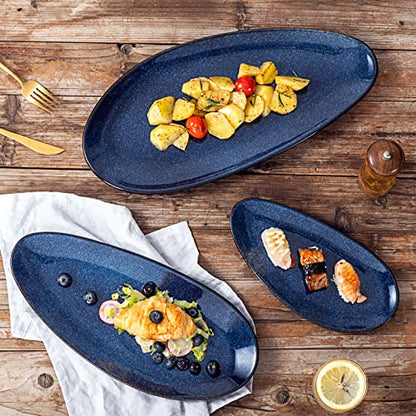 vicrays Large Oval Serving Platters, 16"/14"/10" Porcelain Serving Platters for Party, BBQ,Stackable Serving Trays Serving Plates for Appetizers, Sushi, Restaurant, Dessert, Set of 3 (Blue) - color: Blue